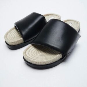 New Zara Black Quilted Flat Sandals with Jute 3621/710 Size 10